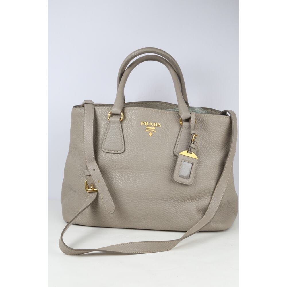 PRADA Vitello Daino Tote Taupe Gray Pebbled Grained Leather Shoulder Strap Bag - Picture 12 of 16